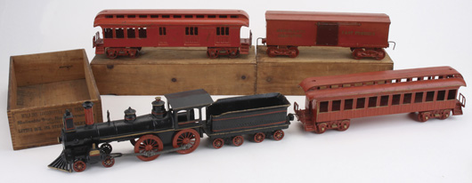 Wilkins painted cast-iron floor train, $12,650. Noel Barrett Auctions image.